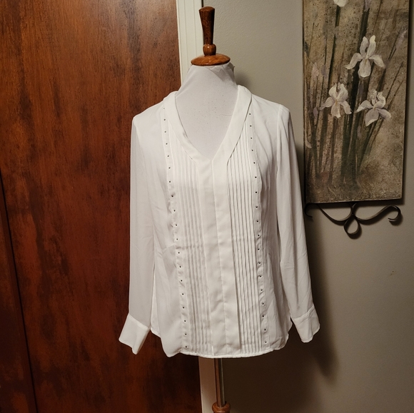 WHBM White Top Blouse Long Sleeve 2 XS Pleated Lined